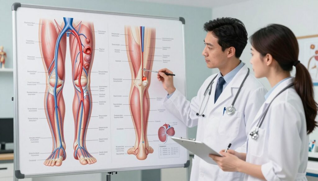 A detailed medical illustration showcasing deep veins of the lower limbs, emphasizing vascular anatomy and the importance of blood circulation. In the foreground, a professional male and female medical practitioner, dressed in lab coats and modest casual attire, examine a large chart depicting venous structures. In the middle ground, diagrams and detailed illustrations of the lower extremities with an emphasis on deep venous systems, increased blood flow, and healthy vein structures. The background features a softly lit medical office with anatomical models and a calming color palette that promotes a sense of healthcare and prevention. The mood is informative and professional, with clear lighting to highlight surgical instruments and vascular diagrams. The image conveys a sense of urgency for preventative measures against thromboembolic disorders. A detailed medical illustration showcasing deep veins of the lower limbs, emphasizing vascular anatomy and the importance of blood circulation. In the foreground, a professional male and female medical practitioner, dressed in lab coats and modest casual attire, examine a large chart depicting venous structures. In the middle ground, diagrams and detailed illustrations of the lower extremities with an emphasis on deep venous systems, increased blood flow, and healthy vein structures. The background features a softly lit medical office with anatomical models and a calming color palette that promotes a sense of healthcare and prevention. The mood is informative and professional, with clear lighting to highlight surgical instruments and vascular diagrams. The image conveys a sense of urgency for preventative measures against thromboembolic disorders.