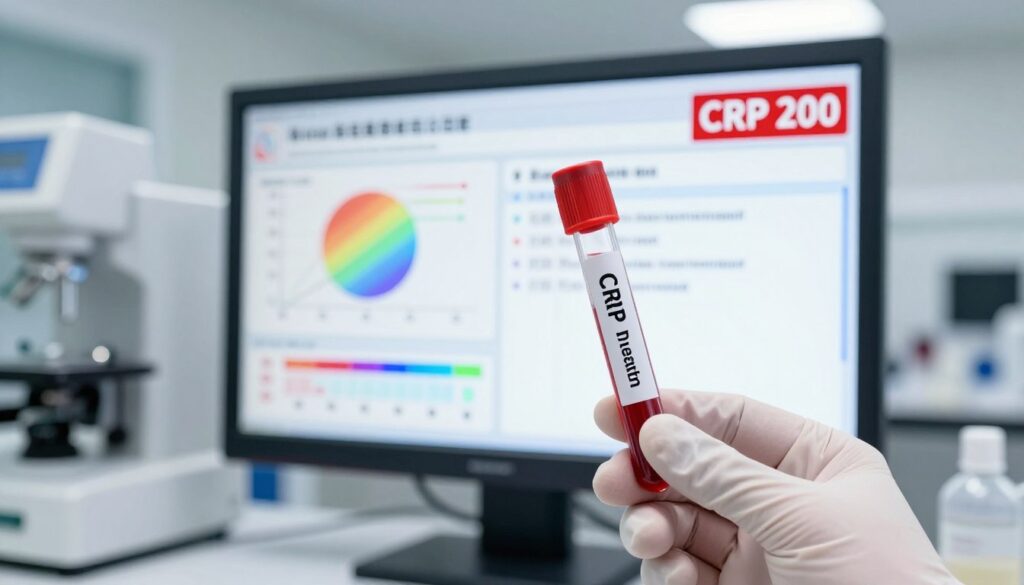 A detailed medical laboratory setting showcasing a sophisticated blood test result display board with "CRP 200" prominently highlighted. In the foreground, a gloved hand holding a test tube filled with a distinctive red serum, symbolizing high C-reactive protein levels. The middle ground features a sleek digital screen displaying colorful graphs and charts illustrating causes of elevated CRP levels, such as inflammation and infection. The background shows well-organized laboratory equipment under bright, sterile lighting, emphasizing a clinical atmosphere. The color palette should evoke urgency with reds and whites, while maintaining a clean, professional look. Capture the scene from a slight angle to provide depth, creating a focused and informative mood in the image. A detailed medical laboratory setting showcasing a sophisticated blood test result display board with "CRP 200" prominently highlighted. In the foreground, a gloved hand holding a test tube filled with a distinctive red serum, symbolizing high C-reactive protein levels. The middle ground features a sleek digital screen displaying colorful graphs and charts illustrating causes of elevated CRP levels, such as inflammation and infection. The background shows well-organized laboratory equipment under bright, sterile lighting, emphasizing a clinical atmosphere. The color palette should evoke urgency with reds and whites, while maintaining a clean, professional look. Capture the scene from a slight angle to provide depth, creating a focused and informative mood in the image.