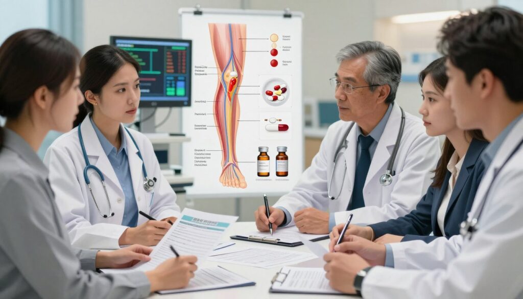 A detailed medical scene depicting the concept of pharmacotherapy for deep vein thrombosis. In the foreground, a diverse group of medical professionals, dressed in smart business attire, is engaged in a discussion around a table, analyzing charts and medical reports related to treatment options. The middle ground features a detailed diagram of a human leg with highlighted deep veins, illustrating the area affected by thrombus, complemented by visual elements representing medication, such as pills and vials. In the background, a softly lit hospital setting, with a focus on a digital monitor displaying vital statistics. The atmosphere is professional and focused, illuminating the importance of effective treatment in a medical environment, with soft, warm lighting enhancing a sense of care and precision. A detailed medical scene depicting the concept of pharmacotherapy for deep vein thrombosis. In the foreground, a diverse group of medical professionals, dressed in smart business attire, is engaged in a discussion around a table, analyzing charts and medical reports related to treatment options. The middle ground features a detailed diagram of a human leg with highlighted deep veins, illustrating the area affected by thrombus, complemented by visual elements representing medication, such as pills and vials. In the background, a softly lit hospital setting, with a focus on a digital monitor displaying vital statistics. The atmosphere is professional and focused, illuminating the importance of effective treatment in a medical environment, with soft, warm lighting enhancing a sense of care and precision.