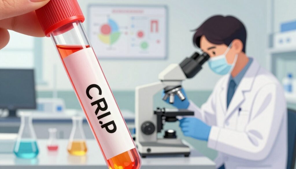 A detailed scientific illustration depicting the concept of "acute phase protein concentration" in a clinical context. Foreground: a close-up of a test tube filled with a colorful serum, showcasing vibrant reds and yellows to symbolize high CRP levels. Middle ground: a healthcare professional in a lab coat, analyzing the serum with a microscope, portraying concentration and professionalism. Background: a softly blurred laboratory setting with equipment and charts on the wall, creating an atmosphere of scientific inquiry. Soft, natural lighting highlights the details of the test tube and the healthcare professional, evoking a sense of hope and seriousness regarding health diagnostics. The composition emphasizes clarity and precision without any text or distractions.