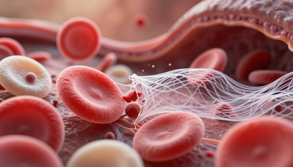 A detailed scientific visualization illustrating the role of inflammatory states and infections in the activation of fibrinolysis, depicting a dynamic scene of blood clot dissolution. In the foreground, magnified blood cells actively participating in the fibrinolysis process, showcasing vibrant colors like red, white, and visible textures. In the middle ground, a transparent fibrin mesh slowly breaking apart, illuminated with soft, diffused lighting to emphasize clarity and detail. The background features an abstract representation of inflamed tissue, with warm hues and swirling patterns to convey a sense of urgency and activity. The overall mood is serious yet informative, with a focus on the biochemical interactions at play. The image should have a slightly scientific and artistic flair, suitable for an academic context. A detailed scientific visualization illustrating the role of inflammatory states and infections in the activation of fibrinolysis, depicting a dynamic scene of blood clot dissolution. In the foreground, magnified blood cells actively participating in the fibrinolysis process, showcasing vibrant colors like red, white, and visible textures. In the middle ground, a transparent fibrin mesh slowly breaking apart, illuminated with soft, diffused lighting to emphasize clarity and detail. The background features an abstract representation of inflamed tissue, with warm hues and swirling patterns to convey a sense of urgency and activity. The overall mood is serious yet informative, with a focus on the biochemical interactions at play. The image should have a slightly scientific and artistic flair, suitable for an academic context.