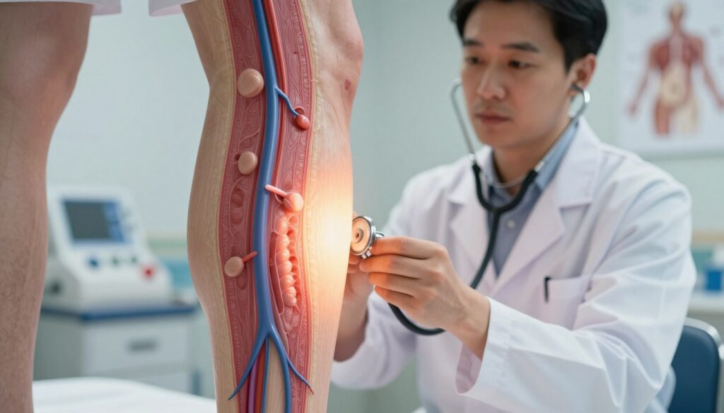 A detailed view of deep veins in a human leg, showcasing a cross-section illustration that highlights the structure of the veins, including valves and surrounding tissues. In the foreground, a soft, glowing light illuminates the veins, emphasizing their contours and textures. The middle ground features a medical professional dressed in a white coat, examining the leg with a stethoscope, their expression focused and attentive, depicting the role of a vascular specialist in diagnosing conditions. The background is a softly blurred hospital environment, with medical equipment and anatomical charts visible, adding context to the medical setting. Use warm, inviting lighting to create a professional yet approachable atmosphere. The composition should evoke a sense of care and expertise, while remaining strictly informational.