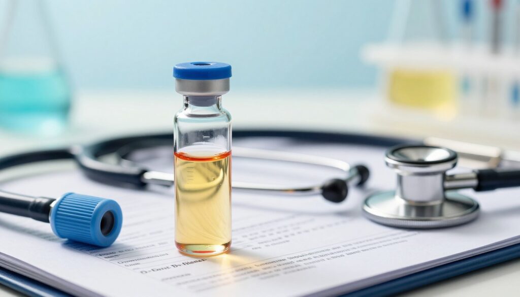 A detailed visual representation of the diagnostic significance of D-dimers in the context of thromboembolic diseases. In the foreground, an elegant laboratory setup showcases a glass vial filled with a vibrant liquid symbolizing D-dimer levels. A stethoscope and medical charts are slightly blurred in the middle ground, emphasizing their relevance to diagnosis. In the background, a subtle gradient of light blue and pale yellow creates a calming clinical atmosphere. The image is well-lit, simulating a sunny day in a modern laboratory, with soft shadows to add depth. Use a macro lens effect to focus on the vial, highlighting the intricate details of the liquid inside. The mood should convey professionalism and trust, evoking a sense of scientific accuracy and reliability.