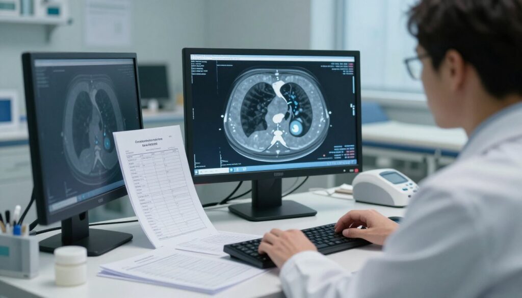A detailed visualization of a clinical setting focused on pulmonary embolism (PE) diagnosis, centered around the theme of overdiagnosis. In the foreground, a well-organized medical workspace featuring a radiologist analyzing a diagnostic imaging screen showing a CT scan of lungs with highlighted emboli. In the middle, clinical charts and D-dimer test results scattered on the desk, depicting their relevance in PE evaluation. The background presents a realistic hospital environment with subdued, clinical lighting, capturing a professional and serious atmosphere. The overall mood reflects contemplation and concern, emphasizing the nuances of diagnosing clinically insignificant emboli. The scene should appear clear and focused, using a medium-angle perspective that draws attention to the analysis being conducted.