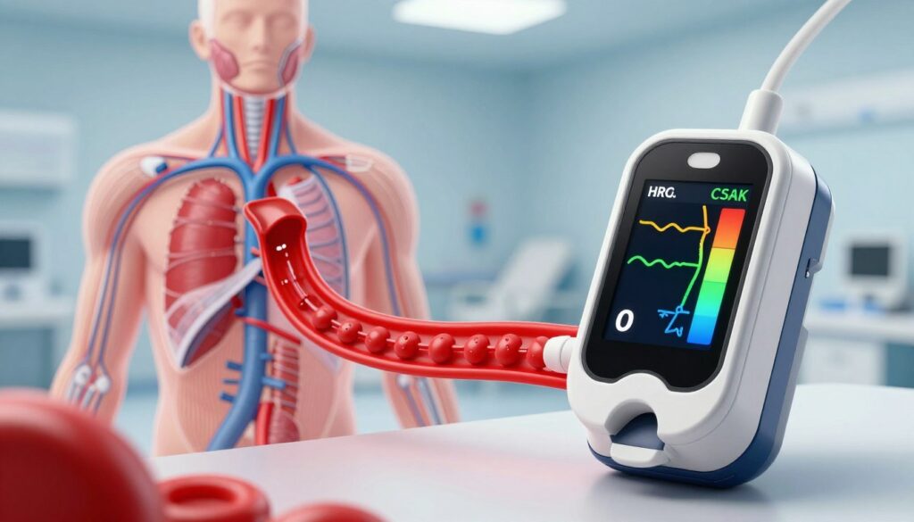 A detailed visualization of blood oxygen saturation represented through a vibrant and informative medical illustration. In the foreground, a digital representation of a blood oxygen meter displays readings and colorful graphics indicating varying oxygen levels. The middle-ground features anatomical illustrations of the human circulatory system, highlighting arteries and veins with flowing red blood, symbolizing healthy saturation. The background subtly showcases a clinical environment, like a hospital room with soft lighting that conveys a sterile yet hopeful atmosphere. The image should focus on clarity and educational value, emphasizing the connection between oxygen levels and health risks, all while maintaining a professional and clinical aesthetic. A detailed visualization of blood oxygen saturation represented through a vibrant and informative medical illustration. In the foreground, a digital representation of a blood oxygen meter displays readings and colorful graphics indicating varying oxygen levels. The middle-ground features anatomical illustrations of the human circulatory system, highlighting arteries and veins with flowing red blood, symbolizing healthy saturation. The background subtly showcases a clinical environment, like a hospital room with soft lighting that conveys a sterile yet hopeful atmosphere. The image should focus on clarity and educational value, emphasizing the connection between oxygen levels and health risks, all while maintaining a professional and clinical aesthetic.