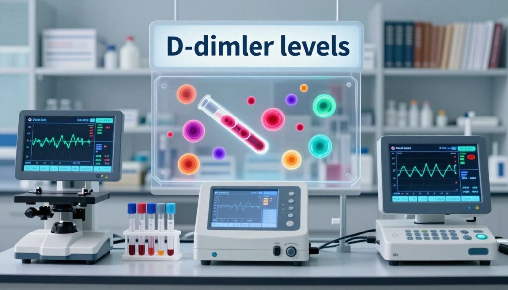 A detailed, visually engaging infographic illustrating the concept of "D-dimer levels." In the foreground, a sleek, modern laboratory setting featuring an array of medical equipment, including test tubes and analyzers displaying fluctuating D-dimer results on digital screens. In the middle layer, a clear representation of a blood sample being analyzed, highlighted under a microscope with glowing D-dimer molecules visualized in vibrant colors, symbolizing their significance. The background consists of soft-focus laboratory shelves filled with medical textbooks and research articles, ensuring a professional atmosphere. Bright, clinical lighting casts an inviting and informative glow over the scene. The image should evoke a mood of scientific discovery and urgency, conveying the importance of high D-dimer levels in understanding physiological and pathological conditions. A detailed, visually engaging infographic illustrating the concept of "D-dimer levels." In the foreground, a sleek, modern laboratory setting featuring an array of medical equipment, including test tubes and analyzers displaying fluctuating D-dimer results on digital screens. In the middle layer, a clear representation of a blood sample being analyzed, highlighted under a microscope with glowing D-dimer molecules visualized in vibrant colors, symbolizing their significance. The background consists of soft-focus laboratory shelves filled with medical textbooks and research articles, ensuring a professional atmosphere. Bright, clinical lighting casts an inviting and informative glow over the scene. The image should evoke a mood of scientific discovery and urgency, conveying the importance of high D-dimer levels in understanding physiological and pathological conditions.