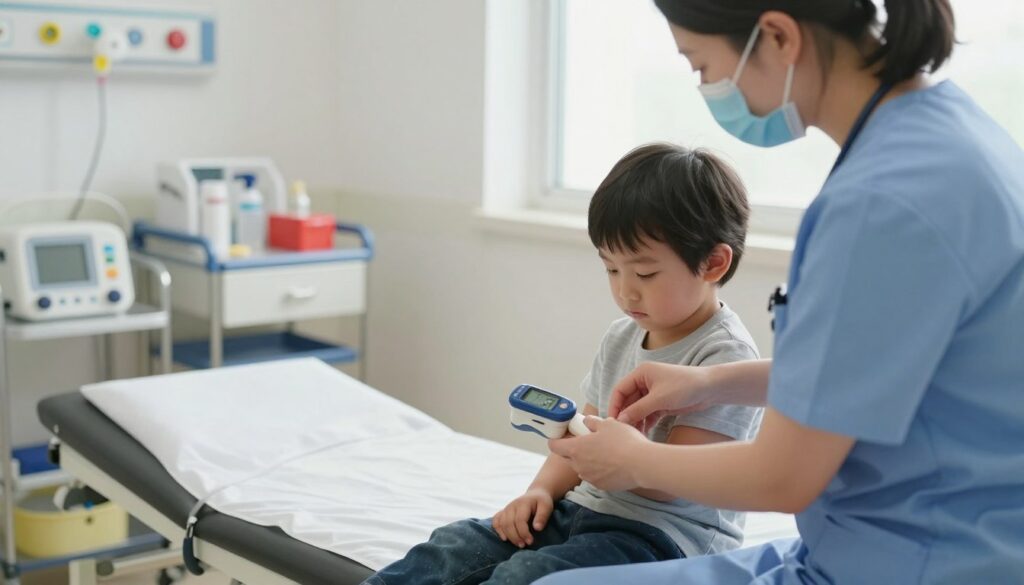 A focused scene depicting a pediatric emergency response situation. In the foreground, a medical professional, dressed in a smart, professional attire, is gently administering first aid to a young child, who appears calm and responsive. The child is sitting on an examination table, with vital medical equipment in view, such as a pulse oximeter showing low saturation levels. In the middle ground, a softly lit room filled with pediatric medical supplies and an emergency cart is visible, creating a clinical but reassuring atmosphere. The background features a window with soft, natural light filtering through, enhancing the scene's warmth and hopefulness. The image conveys a sense of urgency but also compassion, emphasizing the importance of prompt care in a child’s health crisis, with a focus on safety and professionalism. A focused scene depicting a pediatric emergency response situation. In the foreground, a medical professional, dressed in a smart, professional attire, is gently administering first aid to a young child, who appears calm and responsive. The child is sitting on an examination table, with vital medical equipment in view, such as a pulse oximeter showing low saturation levels. In the middle ground, a softly lit room filled with pediatric medical supplies and an emergency cart is visible, creating a clinical but reassuring atmosphere. The background features a window with soft, natural light filtering through, enhancing the scene's warmth and hopefulness. The image conveys a sense of urgency but also compassion, emphasizing the importance of prompt care in a child’s health crisis, with a focus on safety and professionalism.