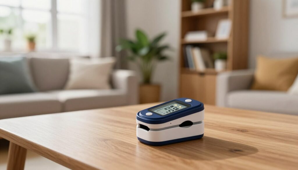 A focused shot of a sleek, modern pulse oximeter resting on a wooden table in a cozy home environment. In the foreground, the pulse oximeter displays bright, clear readings showing blood oxygen levels, illuminated softly by natural light streaming through a nearby window. In the middle ground, a well-organized, gentle living area can be seen with comfortable furniture and houseplants, conveying a warm, inviting atmosphere. In the background, partially visible, there’s a bookshelf filled with medical literature and homey decorations. The overall mood is calm and informative, creating a sense of reassurance about home health monitoring. The image should capture the essence of safety and accessibility, with no text or distractions.