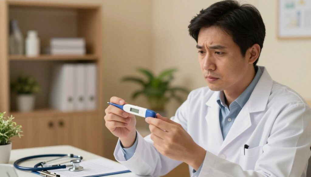 A healthcare professional, dressed in a crisp white lab coat, examines a digital thermometer displaying a slightly elevated temperature. The foreground shows the thermometer clearly, with the healthcare worker in a slight focus as they observe the reading with a concerned expression. In the middle ground, a cozy clinic setting is illustrated, featuring a stethoscope, medical charts, and a soft, warm light illuminating the scene. The background comprises a calming color palette, inferring a professional atmosphere, with shelves of medical supplies and a plant adding a touch of warmth. The overall mood is serious yet approachable, illustrating the importance of monitoring health concerns related to persistent elevated body temperature.