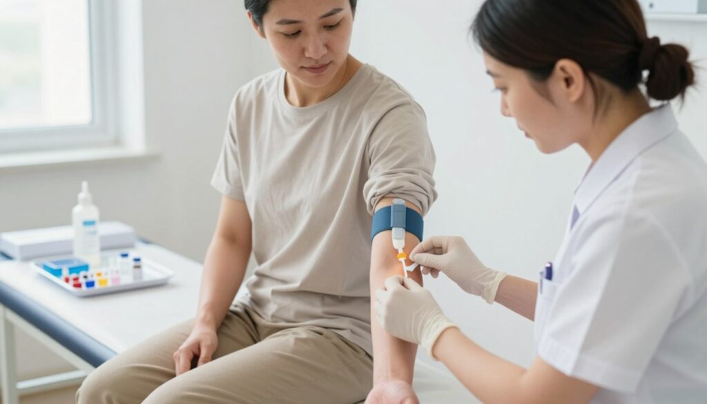 A healthcare professional in a clean, well-lit clinic prepares a patient for a blood draw. The foreground features the nurse gently tying a tourniquet around the patient's upper arm, showcasing her focused expression as she carefully explains the procedure. In the middle, the patient, dressed in a modest attire, sits comfortably on an examination table, displaying a relaxed demeanor despite the medical environment. The background reveals medical equipment like an alcohol swab, collection vials, and a blood draw kit arranged neatly on a tray. Soft, natural lighting illuminates the scene, creating a calm and reassuring atmosphere. The image should convey professionalism, trust, and the importance of patient care in a clinical setting. Focus on clarity and detail without any text or distractions. A healthcare professional in a clean, well-lit clinic prepares a patient for a blood draw. The foreground features the nurse gently tying a tourniquet around the patient's upper arm, showcasing her focused expression as she carefully explains the procedure. In the middle, the patient, dressed in a modest attire, sits comfortably on an examination table, displaying a relaxed demeanor despite the medical environment. The background reveals medical equipment like an alcohol swab, collection vials, and a blood draw kit arranged neatly on a tray. Soft, natural lighting illuminates the scene, creating a calm and reassuring atmosphere. The image should convey professionalism, trust, and the importance of patient care in a clinical setting. Focus on clarity and detail without any text or distractions.