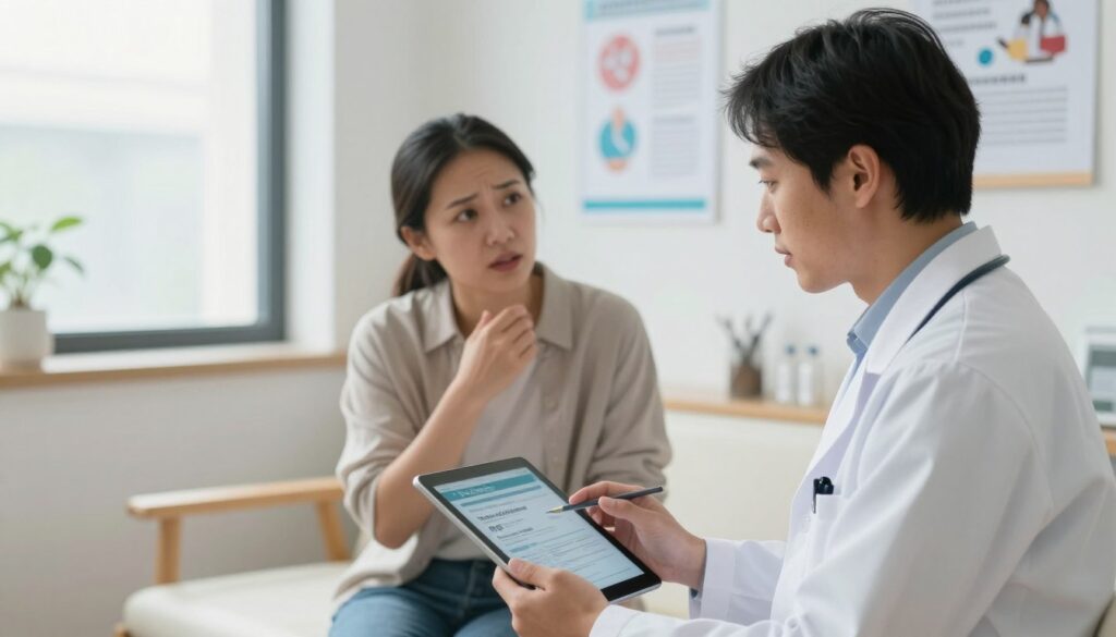 A healthcare professional in a white lab coat, looking attentively at a digital tablet displaying vaccine information, stands in the foreground. In the middle ground, a patient in casual, modest clothing appears relaxed while discussing concerns about vaccination and blood clot risks. The background features a well-lit clinical setting with charts and posters about vaccination safety. Soft, natural lighting streams from a large window, creating a reassuring and calm atmosphere. The focus of the image is on the interaction between the healthcare professional and the patient, emphasizing trust and informative dialogue about the safety of vaccinations in relation to thrombotic incidents. Capture this scene from a slightly elevated angle to highlight both subjects while reflecting a sense of professionalism and care. A healthcare professional in a white lab coat, looking attentively at a digital tablet displaying vaccine information, stands in the foreground. In the middle ground, a patient in casual, modest clothing appears relaxed while discussing concerns about vaccination and blood clot risks. The background features a well-lit clinical setting with charts and posters about vaccination safety. Soft, natural lighting streams from a large window, creating a reassuring and calm atmosphere. The focus of the image is on the interaction between the healthcare professional and the patient, emphasizing trust and informative dialogue about the safety of vaccinations in relation to thrombotic incidents. Capture this scene from a slightly elevated angle to highlight both subjects while reflecting a sense of professionalism and care.