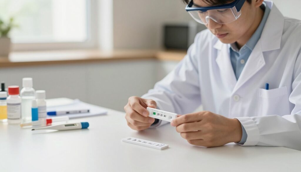 A home diagnostic test scene featuring a professional-looking individual, dressed in a white lab coat and safety glasses, carefully analyzing a CRP test kit on a clean, bright kitchen table. In the foreground, the test kit is displayed prominently, with clear color indicators showing the results. The middle ground includes scattered medical supplies and a digital thermometer, suggesting a thorough examination process. In the background, soft natural light filters through a window, creating a warm and inviting atmosphere. The setting conveys a sense of trust and reliability in home testing, with a focus on accuracy and professionalism. The overall mood is calm and focused, emphasizing the importance of understanding diagnostic results at home. A home diagnostic test scene featuring a professional-looking individual, dressed in a white lab coat and safety glasses, carefully analyzing a CRP test kit on a clean, bright kitchen table. In the foreground, the test kit is displayed prominently, with clear color indicators showing the results. The middle ground includes scattered medical supplies and a digital thermometer, suggesting a thorough examination process. In the background, soft natural light filters through a window, creating a warm and inviting atmosphere. The setting conveys a sense of trust and reliability in home testing, with a focus on accuracy and professionalism. The overall mood is calm and focused, emphasizing the importance of understanding diagnostic results at home.