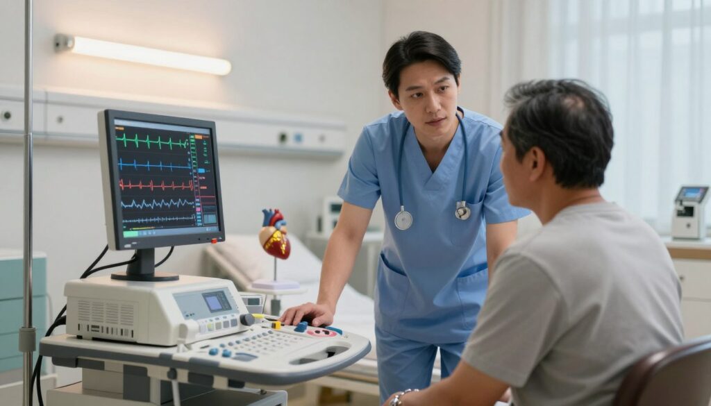A hospital room focused on heart diagnostics, with a high-tech ECG machine prominently displayed in the foreground. In the middle, a healthcare professional in professional attire leans over a patient who is seated, engaged in a discussion about heart health, attentively reviewing the ECG readouts on a monitor. The background includes sterile medical instruments, a heart model, and soft overhead lights creating a calm atmosphere. The scene is depicted from an angle that emphasizes the interaction between the healthcare worker and the patient, with natural warm lighting to suggest a professional yet reassuring environment. The overall mood conveys a sense of urgency balanced with hope, reflecting the importance of heart health diagnostics. A hospital room focused on heart diagnostics, with a high-tech ECG machine prominently displayed in the foreground. In the middle, a healthcare professional in professional attire leans over a patient who is seated, engaged in a discussion about heart health, attentively reviewing the ECG readouts on a monitor. The background includes sterile medical instruments, a heart model, and soft overhead lights creating a calm atmosphere. The scene is depicted from an angle that emphasizes the interaction between the healthcare worker and the patient, with natural warm lighting to suggest a professional yet reassuring environment. The overall mood conveys a sense of urgency balanced with hope, reflecting the importance of heart health diagnostics.