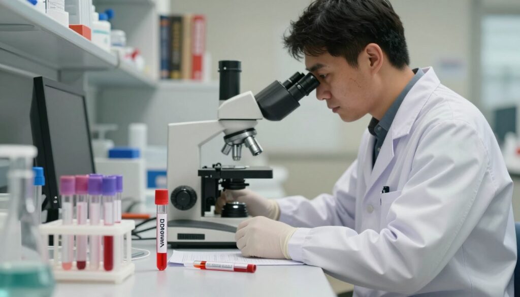 A laboratory setting featuring a close-up view of a D-dimer test setup. In the foreground, a well-organized lab bench with various blood test equipment, including a test tube filled with a vibrant red liquid symbolizing high D-dimer levels. In the middle, a technician in professional attire, focused on analyzing results with a microscope, showcasing concentration and diligence. The background displays shelves filled with medical textbooks and lab instruments, softly blurred to emphasize the technician. Warm, diffused lighting enhances the seriousness and professionalism of the environment, while the angle captures the essence of laboratory work in progress, creating an atmosphere of scientific inquiry and discovery.