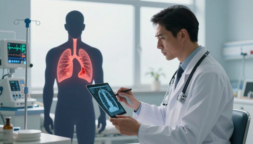 A medical illustration depicting a dramatic scene of pulmonary embolism, showcasing a human silhouette in a clinical setting. In the foreground, a concerned doctor in a white lab coat, wearing a stethoscope, examines a digital chart displaying a lung scan with highlighted areas indicating blockage. In the middle ground, a hospital room with medical equipment such as an ECG machine and IV stands. The background shows a large window with soft, diffused daylight illuminating the space, creating a sterile but warm atmosphere. The overall mood is urgent yet professional, capturing the serious nature of life-threatening conditions. The scene should be well-composed, focusing on the medical aspects without any text or distractions. A medical illustration depicting a dramatic scene of pulmonary embolism, showcasing a human silhouette in a clinical setting. In the foreground, a concerned doctor in a white lab coat, wearing a stethoscope, examines a digital chart displaying a lung scan with highlighted areas indicating blockage. In the middle ground, a hospital room with medical equipment such as an ECG machine and IV stands. The background shows a large window with soft, diffused daylight illuminating the space, creating a sterile but warm atmosphere. The overall mood is urgent yet professional, capturing the serious nature of life-threatening conditions. The scene should be well-composed, focusing on the medical aspects without any text or distractions.