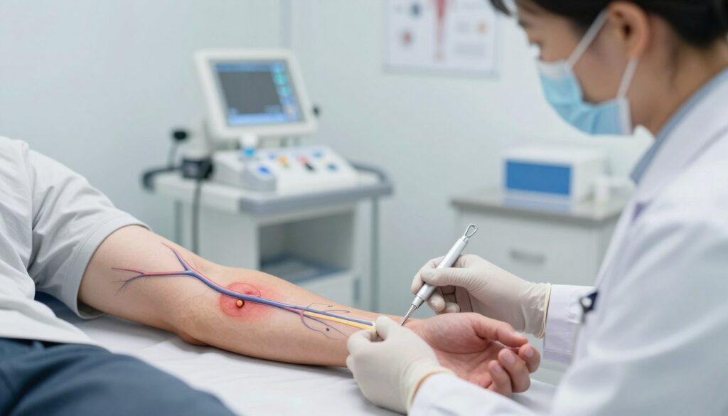A medical illustration depicting deep vein thrombosis (DVT) focused on the human arm. In the foreground, a professional healthcare provider, wearing a white lab coat and safety gloves, is shown examining a patient's arm using diagnostic tools. In the middle ground, a detailed, anatomical view of the arm with highlighted veins exhibiting signs of thrombosis, featuring contrasting colors to emphasize the affected areas. The background is a softly lit medical examination room with clinical equipment and charts, creating a calm and sterile atmosphere. The lighting is bright but soft, illuminating the subject without harsh shadows. The perspective is slightly angled to capture the interaction between the medical professional and the anatomy being examined. A medical illustration depicting deep vein thrombosis (DVT) focused on the human arm. In the foreground, a professional healthcare provider, wearing a white lab coat and safety gloves, is shown examining a patient's arm using diagnostic tools. In the middle ground, a detailed, anatomical view of the arm with highlighted veins exhibiting signs of thrombosis, featuring contrasting colors to emphasize the affected areas. The background is a softly lit medical examination room with clinical equipment and charts, creating a calm and sterile atmosphere. The lighting is bright but soft, illuminating the subject without harsh shadows. The perspective is slightly angled to capture the interaction between the medical professional and the anatomy being examined.