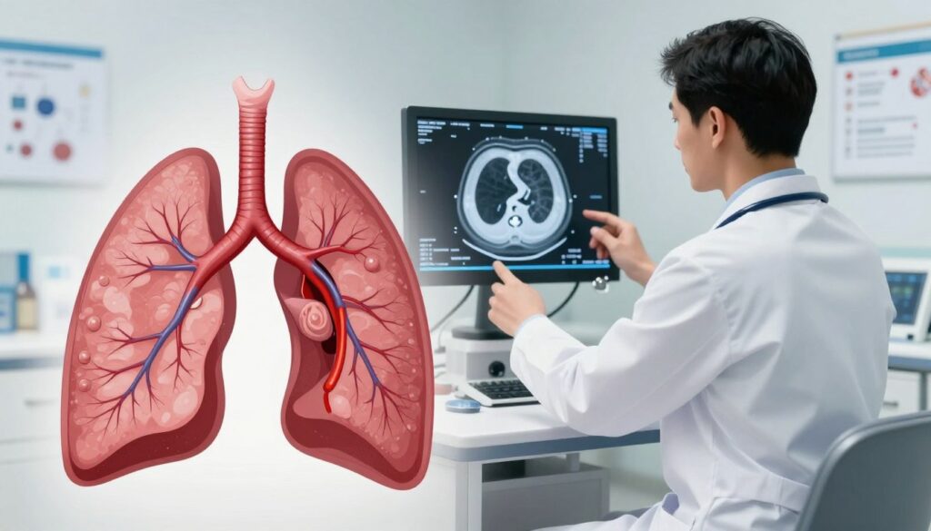 A medical illustration depicting pulmonary embolism in a clinical setting. In the foreground, a detailed diagram of a human lung with highlighted blood vessels, showcasing a thrombus obstructing a pulmonary artery. In the middle ground, a healthcare professional in a white lab coat, wearing a stethoscope, examines a high-resolution medical imaging screen displaying a CT scan of the lungs. The background features a well-lit hospital environment with medical equipment and informational charts. The lighting is bright yet soft, emphasizing the seriousness of the diagnosis. The atmosphere should convey professionalism and urgency, highlighting the importance of timely diagnostics in pregnancy-related conditions.