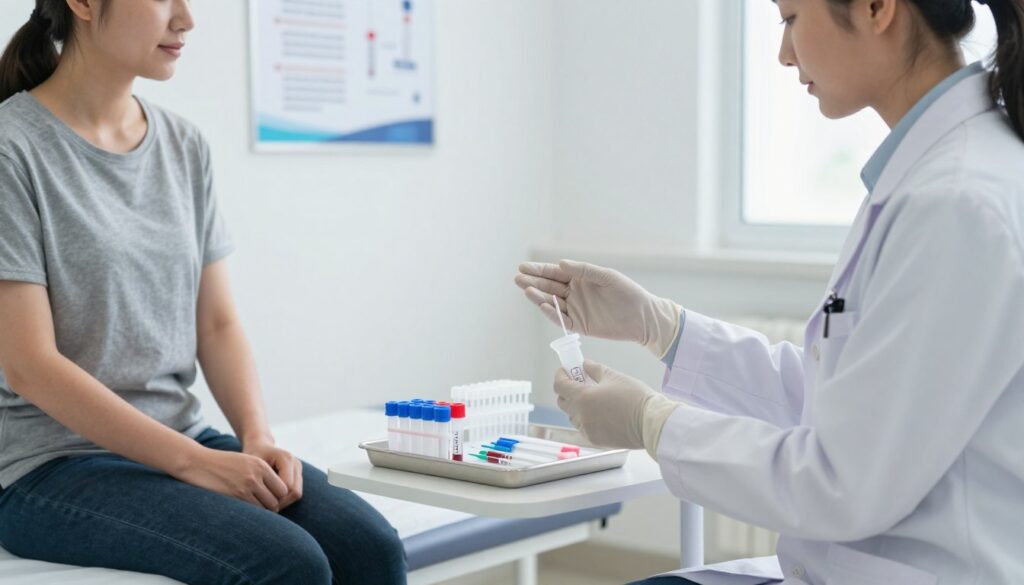 A medical professional, dressed in a clean white lab coat and gloves, is preparing a patient for a blood draw in a well-lit clinical setting. The foreground features the healthcare worker gently explaining the procedure to the patient, who is seated comfortably on an examination bed, displaying a calm demeanor. In the middle ground, a well-organized tray holds various sterile blood collection equipment, such as needles and vacutainers, adding to the clinical atmosphere. The background shows medical charts and posters about blood testing, enhancing the context of the setting. Soft, natural lighting illuminates the scene, creating a reassuring mood of professionalism and care, with a shallow depth of field that focuses on the interaction between the healthcare worker and the patient. A medical professional, dressed in a clean white lab coat and gloves, is preparing a patient for a blood draw in a well-lit clinical setting. The foreground features the healthcare worker gently explaining the procedure to the patient, who is seated comfortably on an examination bed, displaying a calm demeanor. In the middle ground, a well-organized tray holds various sterile blood collection equipment, such as needles and vacutainers, adding to the clinical atmosphere. The background shows medical charts and posters about blood testing, enhancing the context of the setting. Soft, natural lighting illuminates the scene, creating a reassuring mood of professionalism and care, with a shallow depth of field that focuses on the interaction between the healthcare worker and the patient.