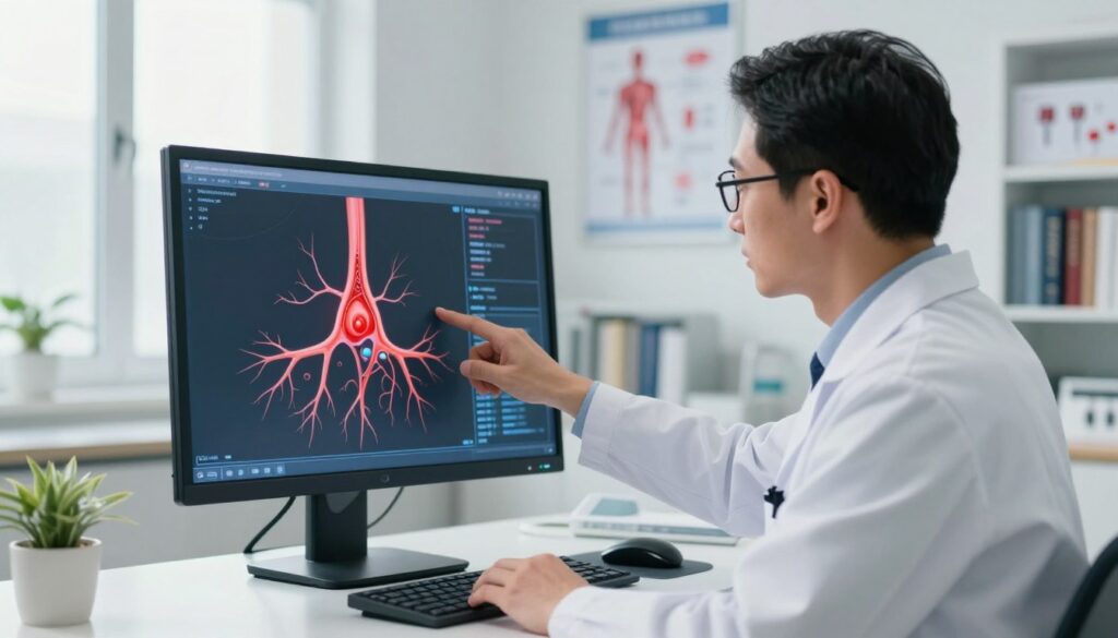 A medical professional in a modern clinic setting, attentively examining a detailed diagram of blood vessels on a high-tech screen. The foreground features a focused physician in a crisp white lab coat and glasses, with their hand pointing towards the diagram, emphasizing blood clot formation. In the middle ground, shelves lined with medical books and health posters underscore the serious nature of the topic. The background showcases a softly lit, sterile environment, creating a calm yet thoughtful atmosphere. Natural light comes through large windows, highlighting the professional demeanor of the setting and enhancing the colors. Overall, the image conveys a sense of urgency and education regarding factors that increase the risk of thrombosis. A medical professional in a modern clinic setting, attentively examining a detailed diagram of blood vessels on a high-tech screen. The foreground features a focused physician in a crisp white lab coat and glasses, with their hand pointing towards the diagram, emphasizing blood clot formation. In the middle ground, shelves lined with medical books and health posters underscore the serious nature of the topic. The background showcases a softly lit, sterile environment, creating a calm yet thoughtful atmosphere. Natural light comes through large windows, highlighting the professional demeanor of the setting and enhancing the colors. Overall, the image conveys a sense of urgency and education regarding factors that increase the risk of thrombosis.