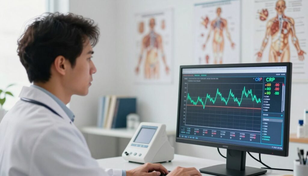 A medical professional in a white lab coat, standing in a well-lit consultation room, examining a digital display of CRP levels on a modern monitor. In the foreground, a close-up of the monitor showcases fluctuating graphs and numbers highlighting elevated CRP levels. In the middle ground, the professional, looking concerned yet composed, is surrounded by anatomical charts and medical books that symbolize health and wellness. The background features soft-focus medical equipment and soothing colors to create a calm atmosphere. Natural light filters through a nearby window, enhancing the sense of hope and awareness about health management. The overall mood is serious but informative, conveying the importance of monitoring and understanding CRP levels.