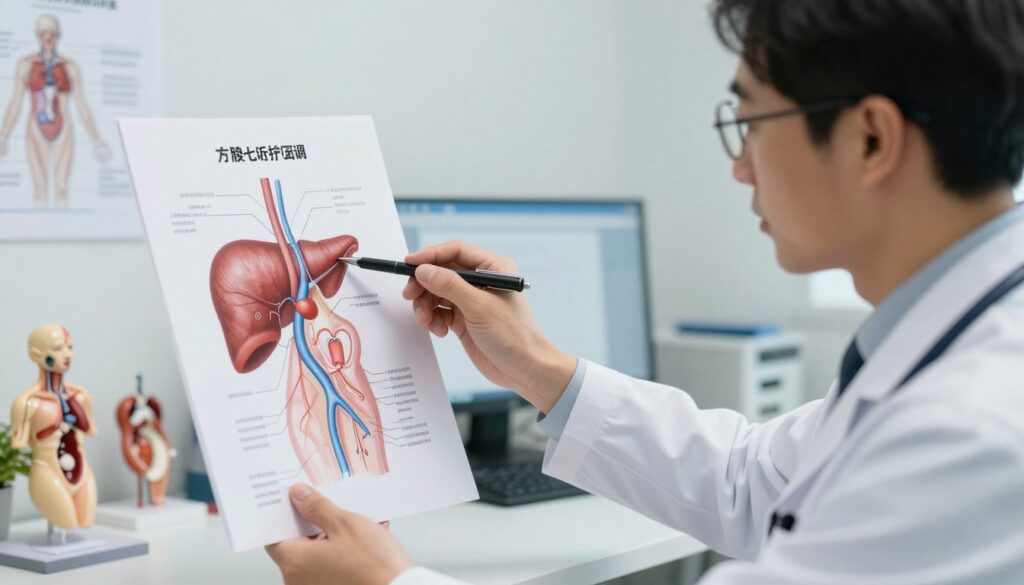 A medical professional, wearing a white lab coat and glasses, examines a detailed anatomical illustration of the hepatic portal vein, showcasing thrombosis prevention strategies. The foreground features a close-up of the doctor pointing at the illustration with a pen, demonstrating engagement and expertise. In the middle, a well-lit examination room is visible, equipped with medical charts, a computer, and anatomical models that emphasize health care and education. The background includes soft, diffused lighting, creating a calm and professional atmosphere. The overall mood is serious yet enlightening, highlighting the importance of primary prevention of portal vein thrombosis in patients with cirrhosis. Focus on clarity and realism, with a depth of field capturing the details of both the doctor and the medical illustration. A medical professional, wearing a white lab coat and glasses, examines a detailed anatomical illustration of the hepatic portal vein, showcasing thrombosis prevention strategies. The foreground features a close-up of the doctor pointing at the illustration with a pen, demonstrating engagement and expertise. In the middle, a well-lit examination room is visible, equipped with medical charts, a computer, and anatomical models that emphasize health care and education. The background includes soft, diffused lighting, creating a calm and professional atmosphere. The overall mood is serious yet enlightening, highlighting the importance of primary prevention of portal vein thrombosis in patients with cirrhosis. Focus on clarity and realism, with a depth of field capturing the details of both the doctor and the medical illustration.