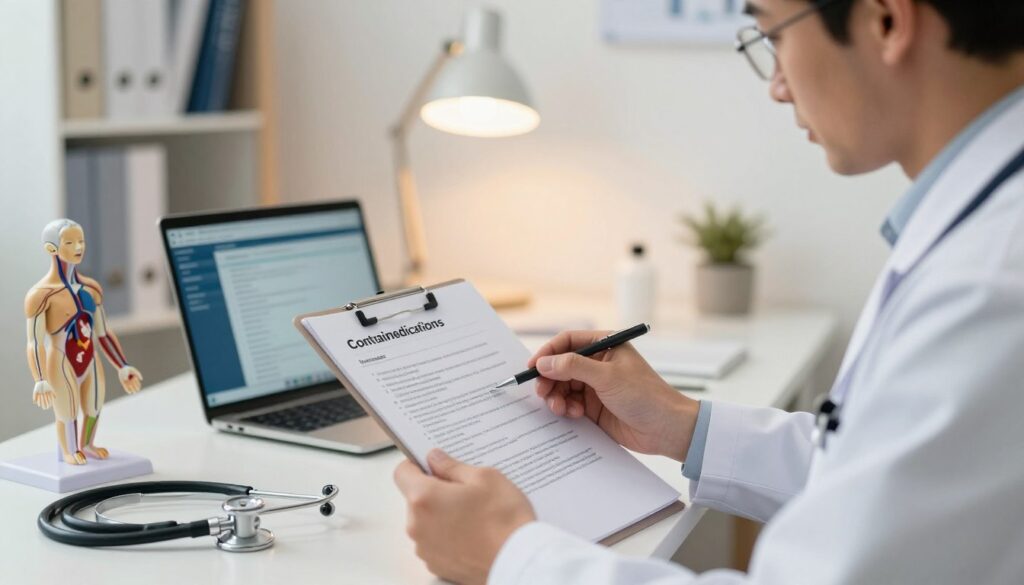 A medical scene depicting the topic of medication contraindications, focusing on a professional consultation environment. In the foreground, a doctor in a crisp white coat, wearing reading glasses, studies a detailed chart with notes about medication restrictions related to venous circulation issues, showing a serious yet approachable demeanor. In the middle ground, a medical office setup with a stethoscope, anatomical models of veins, and a laptop displaying patient data. The background features soft lighting from a desk lamp, creating a warm atmosphere, with bookshelves filled with medical texts. The composition should invoke professionalism and trust, emphasizing the importance of seeking medical advice regarding specific health conditions.