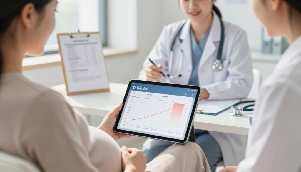 A medical scene featuring a pregnant woman in a bright, modern clinic setting, sitting comfortably as she reviews D-dimer test results on a tablet. In the foreground, a close-up of the tablet screen displaying an informative graph with clear indicators of normal D-dimer levels during pregnancy. The middle background shows a healthcare professional, dressed in professional business attire, discussing the results with her. The setting is well-lit, with natural sunlight streaming in through large windows, creating a warm atmosphere. A soft-focus background displays medical charts and a stethoscope, conveying a sense of professionalism and care. The overall mood is informative and reassuring, highlighting the importance of understanding D-dimer levels during pregnancy.