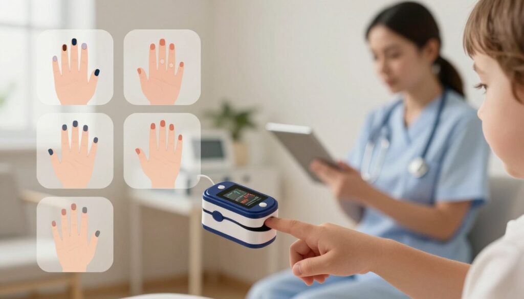 A medical setting showcasing a pediatric pulse oximeter attached to a child's finger, with various identifiable factors that can affect reading results. In the foreground, a well-lit close-up of the oximeter displays fluctuating oxygen saturation levels. In the middle ground, display common interfering elements such as nail polish, artificial nails, and inadequate lighting, illustrated through subtle graphics or overlays to ensure clarity. In the background, a pediatric nurse in professional attire observes the readings attentively, creating a calm and focused atmosphere. Use soft, warm lighting to evoke a reassuring mood, and ensure the angle highlights the oximeter's functionality while emphasizing the importance of accurate measurements in children.