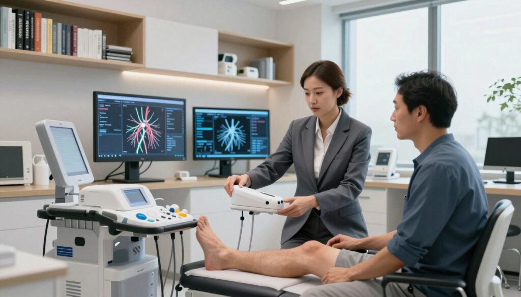 A modern medical office in May 2026, showcasing advanced diagnostic technology for lymphatic edema. In the foreground, a healthcare professional in smart business attire demonstrates a non-invasive diagnostic device to a patient seated comfortably. The patient looks attentive and engaged, with a focus on their leg, which is slightly elevated on a cushion to highlight edema. In the middle ground, various digital screens display relevant medical data and imagery of the lymphatic system, creating a high-tech ambiance. The background features sleek, well-lit shelves stocked with medical literature and modern therapeutic tools. Soft, natural light streams in from large windows, enhancing the atmosphere of professionalism and care. The overall mood is informative and hopeful, reflecting the cutting-edge approach to diagnosis and therapy.