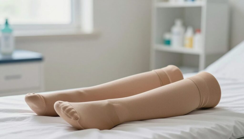 A pair of compression stockings displayed prominently in the foreground, lying on a soft surface such as a light-colored fabric. The stockings should be in a neutral tone, illustrating their use in medical recovery. In the middle ground, include subtle elements of a clinical environment, like a blurred medical room with soft, natural lighting filtering through a window. The background features a shelf with organized medical supplies, enhancing the atmosphere of a recovery space. The overall mood should be calm and reassuring, highlighting the importance of compression therapy in post-operative recovery. Use a shallow depth of field to focus on the stockings, with soft bokeh in the background to draw attention to the subject.