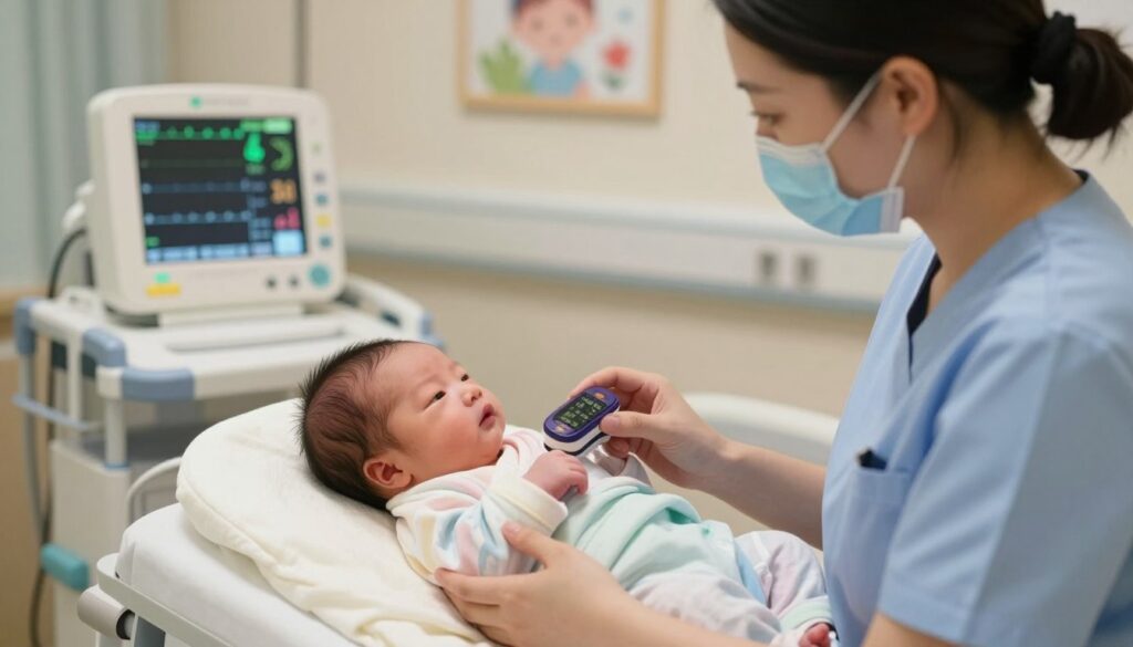 A peaceful hospital environment focusing on a newborn baby undergoing a saturation measurement. In the foreground, a pediatric nurse gently holds a small, wrapped newborn in a soft, pastel-colored blanket, looking attentively at a pulse oximeter attached to the baby's foot. The nurse is dressed in a professional, modest scrubs uniform. In the middle ground, medical equipment is subtly visible, including a monitor displaying vital signs with a soft green glow, indicating a calming atmosphere. The background features a softly lit hospital room, decorated with cheerful, non-intrusive artwork to soothe both babies and parents. The overall lighting is warm and inviting, creating a sense of reassurance and care while maintaining a clinical focus on the critical aspect of neonatal health monitoring. A peaceful hospital environment focusing on a newborn baby undergoing a saturation measurement. In the foreground, a pediatric nurse gently holds a small, wrapped newborn in a soft, pastel-colored blanket, looking attentively at a pulse oximeter attached to the baby's foot. The nurse is dressed in a professional, modest scrubs uniform. In the middle ground, medical equipment is subtly visible, including a monitor displaying vital signs with a soft green glow, indicating a calming atmosphere. The background features a softly lit hospital room, decorated with cheerful, non-intrusive artwork to soothe both babies and parents. The overall lighting is warm and inviting, creating a sense of reassurance and care while maintaining a clinical focus on the critical aspect of neonatal health monitoring.