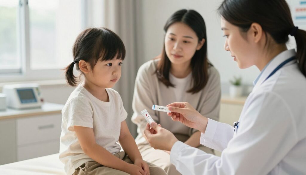 A pediatric clinic setting with a medical professional gently conducting a CRP test on a young child, who appears calm and comfortable. In the foreground, the doctor, wearing a white coat and modest clothing, holds a small blood sample test kit, explaining the process to the child and a concerned parent in the background. The child, sitting on an examination table, looks reassured and curious. The middle section includes medical equipment and charts, creating a clinical atmosphere. Soft, natural lighting streams in from a window, casting a warm glow across the room, enhancing a caring and professional environment. The focus is on the interaction, capturing the importance of testing in a child-friendly manner, evoking a sense of trust and safety.