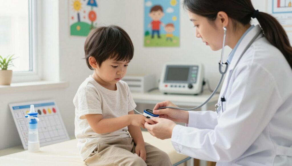 A pediatrician examining a small child in a medical setting, focusing on the child's respiratory health. The foreground features the child, a 3-year-old with a concerned expression, sitting on an examination table, wearing a comfortable, modest outfit. The pediatrician, dressed in a white lab coat and stethoscope, is attentively observing a pulse oximeter attached to the child's finger. In the middle ground, various medical equipment such as a nebulizer and charts about oxygen saturation are visible. The background includes colorful children's artwork and posters, creating a warm, reassuring atmosphere. Soft, natural light streams in from a window, highlighting the compassionate interaction. The mood is serious yet hopeful, emphasizing the importance of monitoring oxygen levels in young children. A pediatrician examining a small child in a medical setting, focusing on the child's respiratory health. The foreground features the child, a 3-year-old with a concerned expression, sitting on an examination table, wearing a comfortable, modest outfit. The pediatrician, dressed in a white lab coat and stethoscope, is attentively observing a pulse oximeter attached to the child's finger. In the middle ground, various medical equipment such as a nebulizer and charts about oxygen saturation are visible. The background includes colorful children's artwork and posters, creating a warm, reassuring atmosphere. Soft, natural light streams in from a window, highlighting the compassionate interaction. The mood is serious yet hopeful, emphasizing the importance of monitoring oxygen levels in young children.