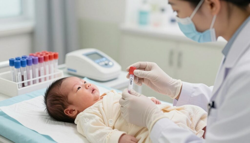 A pediatrician in a clinical setting carefully conducts a CRP test on a newborn. In the foreground, soft lighting highlights the newborn, who is wrapped in a cozy, light-colored blanket, lying on an examination table. The pediatrician, wearing a white coat and protective gloves, gently holds a small vial for blood collection, displaying a focused expression. In the middle ground, an array of medical instruments is neatly arranged, including test tubes and a blood analyzer. The background fades into a calming hospital environment with muted pastel colors, suggesting a safe and sterile atmosphere. The overall mood is professional and reassuring, emphasizing the importance of this vital health screening for newborns.