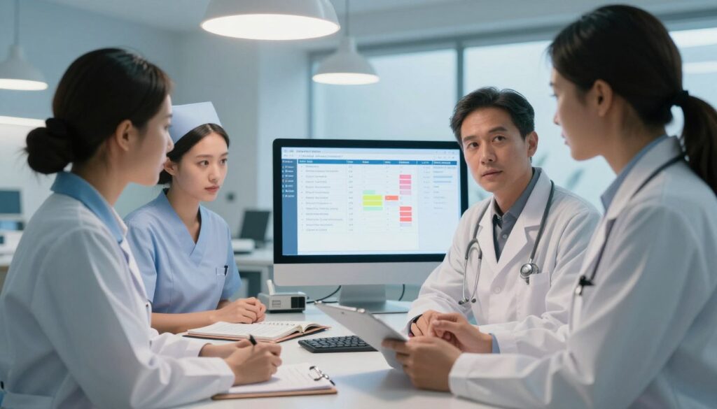 A professional clinical setting focusing on data interpretation. In the foreground, a diverse group of three medical professionals, a male doctor, a female nurse, and a female researcher, all dressed in lab coats, intently examining a digital chart displaying D-dimer test results with highlighted reference ranges. In the middle background, a sleek desk with various medical equipment and journals, softly illuminated by warm overhead lights. Through a window in the background, a clear blue sky suggests a calm atmosphere. The overall mood is one of professionalism and seriousness, capturing the essence of analytical discussions in a healthcare context, aimed at understanding the implications of test results related to thyroid diseases. A professional clinical setting focusing on data interpretation. In the foreground, a diverse group of three medical professionals, a male doctor, a female nurse, and a female researcher, all dressed in lab coats, intently examining a digital chart displaying D-dimer test results with highlighted reference ranges. In the middle background, a sleek desk with various medical equipment and journals, softly illuminated by warm overhead lights. Through a window in the background, a clear blue sky suggests a calm atmosphere. The overall mood is one of professionalism and seriousness, capturing the essence of analytical discussions in a healthcare context, aimed at understanding the implications of test results related to thyroid diseases.