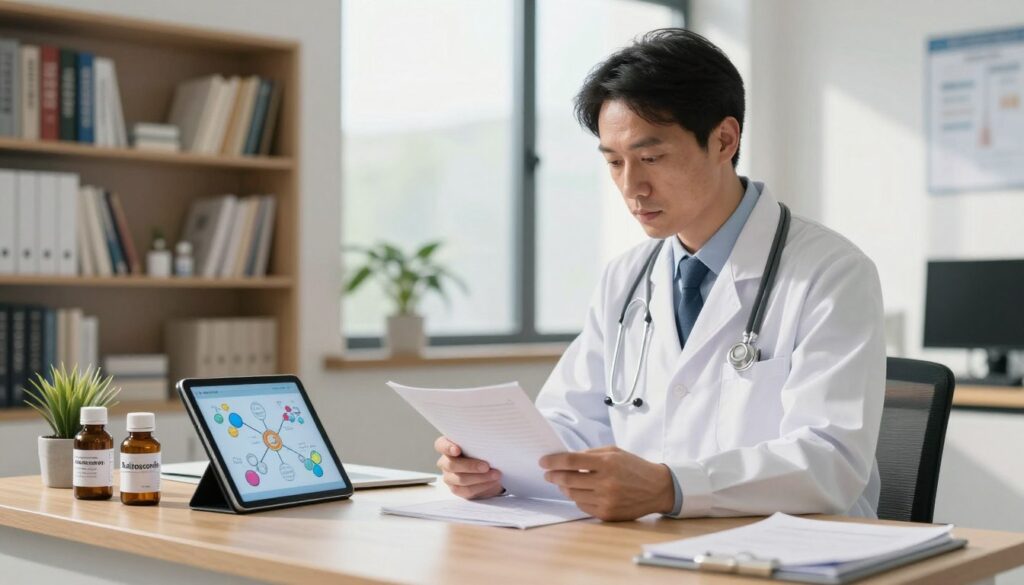 A professional doctor in a white lab coat is standing at a wooden desk in a modern medical office, reviewing notes on anticoagulant medications. Surrounding them are organized shelves filled with medical books and various pharmaceutical bottles, including one labeled ‘Rutinoscorbin.’ In the background, a large window allows natural light to flood the room, casting soft shadows. On the desk, a digital tablet displays an interactive diagram of drug interactions, featuring clear visuals of molecules. The atmosphere is focused and analytical, conveying a sense of urgency and professionalism. The composition is shot with a shallow depth of field to emphasize the doctor and the desk in the foreground, while the background remains softly blurred, providing context without distraction.