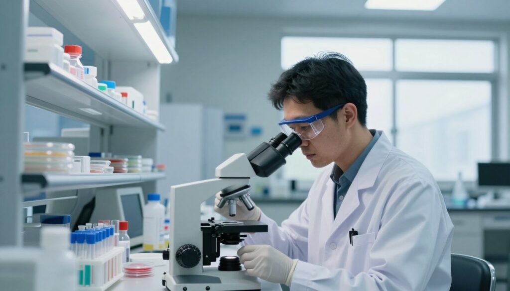 A professional healthcare setting depicting a lab environment focused on inflammation markers. In the foreground, an Asian scientist in a white lab coat, safety goggles, and gloves examines a blood sample under a microscope, showcasing a concentrated expression. The middle ground features shelves lined with laboratory equipment, test tubes, and petri dishes, illuminated by bright, sterile overhead fluorescent lighting. In the background, a large window provides natural light, casting soft shadows on the walls, enhancing a sense of calm and focus. The color palette is cool and clinical, with shades of blue and white dominating the scene. The atmosphere conveys diligence, precision, and the importance of scientific research in understanding inflammation mechanisms in the body.