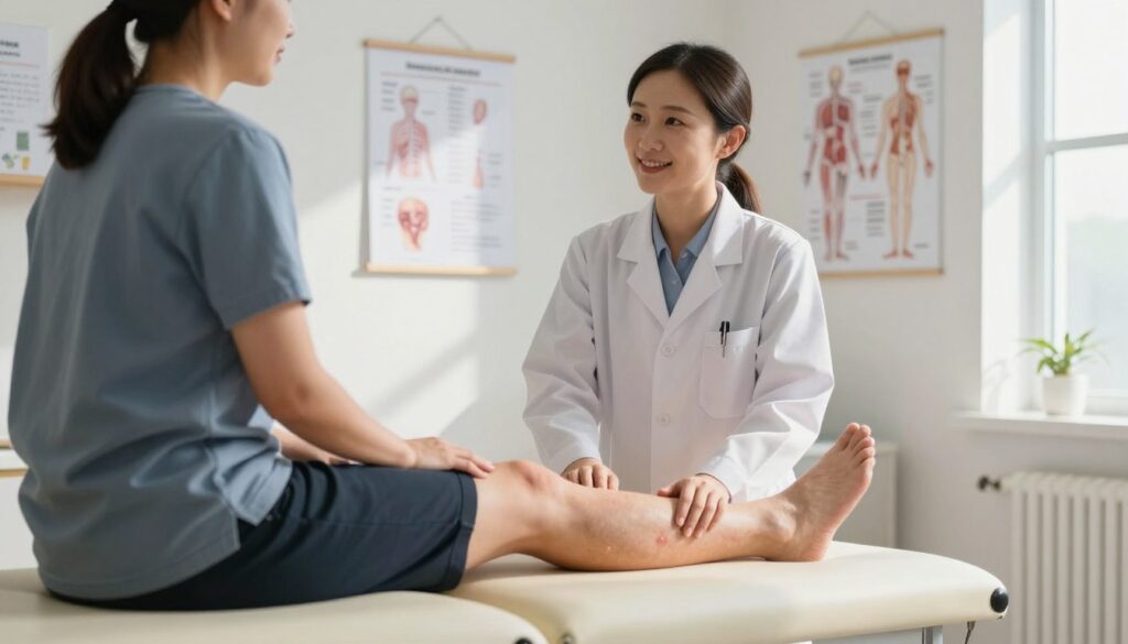 A professional healthcare setting focused on lymphatic treatment, featuring a confident medical professional in a white coat assisting a patient seated on an examination table. The foreground showcases the patient's leg slightly elevated, with visible swelling indicating lymphatic edema. In the background, medical charts and diagrams related to lymphatic health adorn the walls, creating an educational atmosphere. Natural light filters in through a window, casting soft shadows to enhance the calming environment. Use a wide-angle lens to capture both the healthcare professional and the patient, emphasizing the interaction and care. The overall mood is compassionate and informative, conveying a sense of hope and recovery, while remaining strictly professional and respectful.