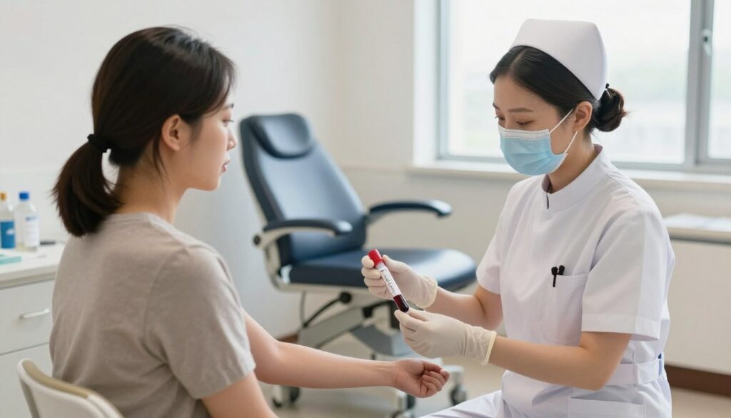 A professional healthcare setting focused on preparing a patient for a blood draw. In the foreground, a nurse in professional attire gently explains the procedure to a seated patient, who is thoughtfully listening. The nurse is holding a blood collection tube and wearing gloves; the patient appears calm and at ease. In the middle ground, a clean, well-equipped examination room is visible, with a phlebotomy chair and medical supplies neatly arranged. The background shows soft, natural lighting coming through a window, creating a warm and reassuring atmosphere. The overall mood conveys professionalism and care, aiming to demystify the blood collection process and encourage patient confidence. A professional healthcare setting focused on preparing a patient for a blood draw. In the foreground, a nurse in professional attire gently explains the procedure to a seated patient, who is thoughtfully listening. The nurse is holding a blood collection tube and wearing gloves; the patient appears calm and at ease. In the middle ground, a clean, well-equipped examination room is visible, with a phlebotomy chair and medical supplies neatly arranged. The background shows soft, natural lighting coming through a window, creating a warm and reassuring atmosphere. The overall mood conveys professionalism and care, aiming to demystify the blood collection process and encourage patient confidence.