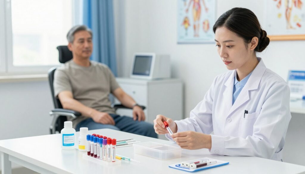 A professional healthcare setting with a focus on blood sample preparation. In the foreground, a nurse in a crisp white lab coat is preparing a blood collection kit, neatly organized with vials, needles, and alcohol swabs on a clean, white table. The middle ground features a patient sitting comfortably in a chair, looking relaxed and calm, wearing modest casual clothing. Soft, natural light pours in from a window, creating a serene atmosphere, while the background includes sterile medical equipment and a colorful anatomical poster on the wall. The overall mood is reassuring and professional, emphasizing trust and safety in the blood collection process. A professional healthcare setting with a focus on blood sample preparation. In the foreground, a nurse in a crisp white lab coat is preparing a blood collection kit, neatly organized with vials, needles, and alcohol swabs on a clean, white table. The middle ground features a patient sitting comfortably in a chair, looking relaxed and calm, wearing modest casual clothing. Soft, natural light pours in from a window, creating a serene atmosphere, while the background includes sterile medical equipment and a colorful anatomical poster on the wall. The overall mood is reassuring and professional, emphasizing trust and safety in the blood collection process.