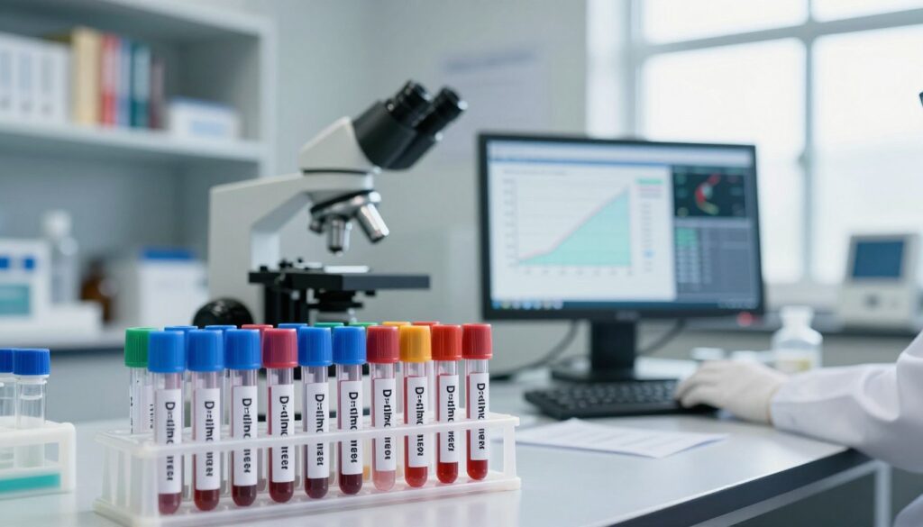 A professional laboratory setting showcasing a detailed visual representation of D-dimer levels. In the foreground, a clear and organized array of colorful laboratory test tubes, each labeled with varying D-dimer levels, from normal to elevated. The middle ground features a microscope and a computer displaying graphs that interpret D-dimer concentrations, capturing the essence of laboratory analysis. The background includes shelving with medical books and equipment, softly lit to create a focused atmosphere. The room is bright with natural light filtering through large windows, accentuating a sense of clarity and precision. The overall mood is academic and informative, designed to convey expertise and reliability in laboratory diagnostics.
