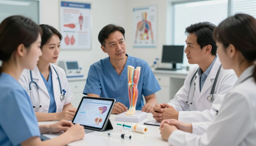 A professional medical scene illustrating the treatment methods for deep vein thrombosis. In the foreground, a diverse group of healthcare professionals in business attire, engaged in a discussion, with a focus on a tablet showcasing medical diagrams and drug information. In the middle ground, a detailed anatomical model of a leg highlighting affected veins, surrounded by medical tools like syringes and bandages. The background features a modern, well-lit clinic environment with medical posters and equipment, creating a clinical atmosphere. Soft, focused lighting enhances the professionalism of the scene, with a warm, reassuring mood that conveys hope for recovery and the importance of treatment options. Ensure a clean, uncluttered composition without any text or annotations. A professional medical scene illustrating the treatment methods for deep vein thrombosis. In the foreground, a diverse group of healthcare professionals in business attire, engaged in a discussion, with a focus on a tablet showcasing medical diagrams and drug information. In the middle ground, a detailed anatomical model of a leg highlighting affected veins, surrounded by medical tools like syringes and bandages. The background features a modern, well-lit clinic environment with medical posters and equipment, creating a clinical atmosphere. Soft, focused lighting enhances the professionalism of the scene, with a warm, reassuring mood that conveys hope for recovery and the importance of treatment options. Ensure a clean, uncluttered composition without any text or annotations.