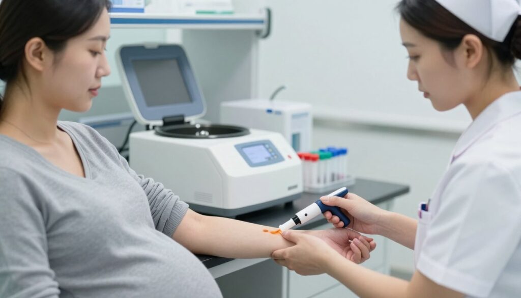A professional medical setting depicting a blood test being performed on a pregnant woman. In the foreground, a nurse in scrubs is gently drawing blood from the patient’s arm, both displaying calm and supportive expressions. The patient, dressed in modest, casual clothing, appears relaxed and reassured. In the middle, an array of sanitized medical equipment, such as a centrifuge and test tubes, emphasizes the medical context. The background features a well-organized laboratory with soft lighting, ensuring a sterile and safe atmosphere. The image should evoke a sense of care and professionalism, capturing the significance of blood testing during pregnancy. Use a close-up angle to focus on the interaction between the nurse and patient, framing their hands and the blood collection process. A professional medical setting depicting a blood test being performed on a pregnant woman. In the foreground, a nurse in scrubs is gently drawing blood from the patient’s arm, both displaying calm and supportive expressions. The patient, dressed in modest, casual clothing, appears relaxed and reassured. In the middle, an array of sanitized medical equipment, such as a centrifuge and test tubes, emphasizes the medical context. The background features a well-organized laboratory with soft lighting, ensuring a sterile and safe atmosphere. The image should evoke a sense of care and professionalism, capturing the significance of blood testing during pregnancy. Use a close-up angle to focus on the interaction between the nurse and patient, framing their hands and the blood collection process.
