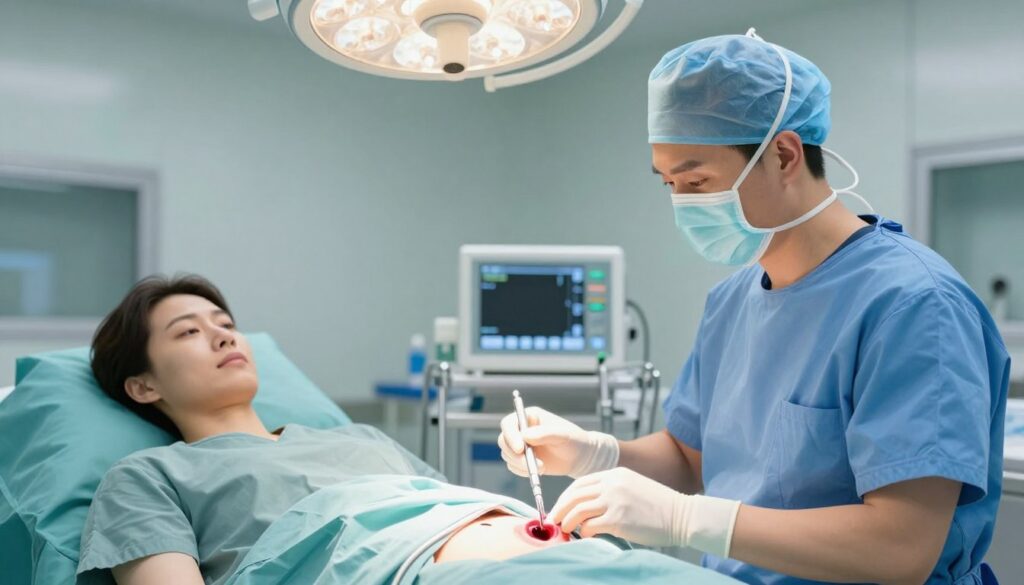 A professional medical setting featuring a detailed illustration of a hemorrhoid thrombectomy procedure. The foreground displays a skilled surgeon in professional attire, calmly explaining the procedure to the patient, who appears relaxed and attentive. In the middle ground, surgical tools and equipment are neatly arranged on a sterile tray, conveying a sense of professionalism and care. The background showcases a well-lit operating room, with soft lighting enhancing the sterile environment and clinical atmosphere. The focus is on the expression of professionalism, compassion, and knowledge, evoking a sense of trust in medical care, while ensuring all human figures are clothed in modest, professional attire. The overall mood is reassuring and educational, aimed at demystifying the procedure for readers. A professional medical setting featuring a detailed illustration of a hemorrhoid thrombectomy procedure. The foreground displays a skilled surgeon in professional attire, calmly explaining the procedure to the patient, who appears relaxed and attentive. In the middle ground, surgical tools and equipment are neatly arranged on a sterile tray, conveying a sense of professionalism and care. The background showcases a well-lit operating room, with soft lighting enhancing the sterile environment and clinical atmosphere. The focus is on the expression of professionalism, compassion, and knowledge, evoking a sense of trust in medical care, while ensuring all human figures are clothed in modest, professional attire. The overall mood is reassuring and educational, aimed at demystifying the procedure for readers.