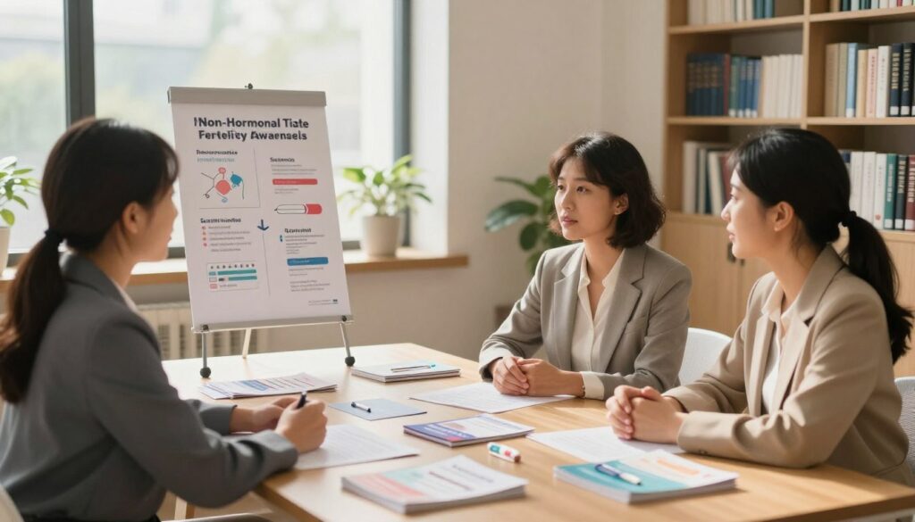 A serene and informative scene depicting non-hormonal contraceptive methods as safe alternatives for women at risk of thrombosis. In the foreground, a diverse group of three women, dressed in professional business attire, is engaged in a discussion, surrounded by visual aids like charts and diagrams illustrating various non-hormonal options, such as barrier methods and fertility awareness. The middle ground features a well-lit conference room setting with a large table and various educational pamphlets neatly arranged. Soft, natural light filters through large windows, casting a warm, inviting glow. The background shows a bookshelf filled with medical literature, emphasizing a scholarly atmosphere. The mood is empowering and educational, promoting positive health choices in a supportive environment. A serene and informative scene depicting non-hormonal contraceptive methods as safe alternatives for women at risk of thrombosis. In the foreground, a diverse group of three women, dressed in professional business attire, is engaged in a discussion, surrounded by visual aids like charts and diagrams illustrating various non-hormonal options, such as barrier methods and fertility awareness. The middle ground features a well-lit conference room setting with a large table and various educational pamphlets neatly arranged. Soft, natural light filters through large windows, casting a warm, inviting glow. The background shows a bookshelf filled with medical literature, emphasizing a scholarly atmosphere. The mood is empowering and educational, promoting positive health choices in a supportive environment.