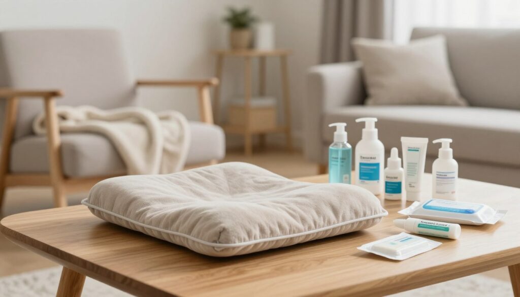 A serene and inviting home setting focused on an arrangement of medical supplies for at-home care of hemorrhoids. In the foreground, display a soothing, neutral-toned medical cushion specifically designed for relief and comfort. Surround it with selected over-the-counter treatment options, such as soothing creams and wipes, neatly arranged on a light wooden table. In the middle ground, include a cozy chair and a soft blanket, creating a calming atmosphere. The background should feature a soft-focus view of a well-lit living room with calming colors, suggesting tranquility. Use natural lighting to evoke a sense of warmth and comfort. The scene conveys a professional yet comforting mood, ideal for discussing home care methods. A serene and inviting home setting focused on an arrangement of medical supplies for at-home care of hemorrhoids. In the foreground, display a soothing, neutral-toned medical cushion specifically designed for relief and comfort. Surround it with selected over-the-counter treatment options, such as soothing creams and wipes, neatly arranged on a light wooden table. In the middle ground, include a cozy chair and a soft blanket, creating a calming atmosphere. The background should feature a soft-focus view of a well-lit living room with calming colors, suggesting tranquility. Use natural lighting to evoke a sense of warmth and comfort. The scene conveys a professional yet comforting mood, ideal for discussing home care methods.