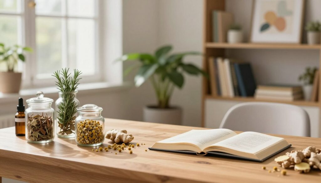 A serene and well-lit home office setting. In the foreground, an elegant wooden desk is adorned with various medicinal herbs, including dried chamomile, ginger, and rosemary, arranged in decorative glass jars. A small, open textbook on herbal remedies sits beside them, highlighting their benefits. The middle ground features a potted plant, symbolizing the connection to nature, with soft sunlight filtering through a nearby window, creating a warm and inviting atmosphere. In the background, bookshelves filled with health-related literature and a calming piece of abstract art enhance the professionalism of the space. The overall mood is tranquil and informative, suggesting a thoughtful exploration of herbal supplements in relation to health. The image should have a soft focus, creating a comforting ambiance that invites contemplation.