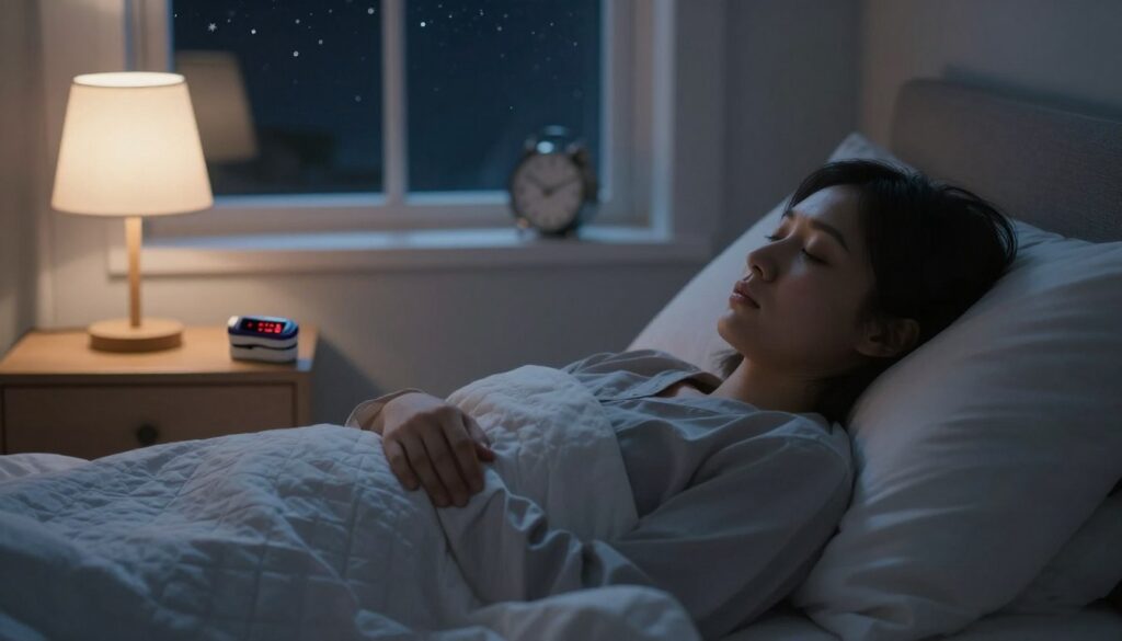 A serene bedroom scene at night, depicting a peaceful sleep environment. In the foreground, a person in modest sleepwear peacefully asleep in bed, with a gentle expression. The middle ground features a bedside table with a small, sophisticated pulse oximeter displaying relatively low blood oxygen saturation levels in bright red. Soft, warm lighting emanates from a bedside lamp, casting a subtle glow on the bedside and illuminating the quilted bedding, creating a cozy atmosphere. In the background, a large window shows a clear night sky dotted with stars, hinting at the tranquility of night, while a quiet clock ticks, enhancing the serene yet concerning mood of unnoticed night-time hypoxia. The lens captures the scene in a soft focus, emphasizing the calm yet somber nature of the situation.