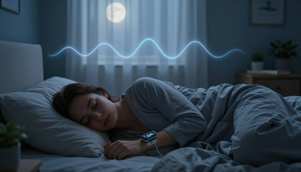 A serene bedroom scene at night, softly illuminated by ambient moonlight filtering through a sheer curtain. In the foreground, a person lies peacefully in bed, dressed in comfortable sleepwear, their face relaxed as they sleep, with a small pulse oximeter clipped to their finger, displaying a low oxygen level. The middle section features a subtle visualization of oxygen levels—a gentle wave graphic above the bed—to symbolize the fluctuations during sleep. In the background, calming colors of deep blue and gray evoke tranquility, with a bedside table adorned with a small plant and a book. The overall mood is one of contemplation and awareness of sleep health, inviting viewers to reflect on the issues of sleep apnea and oxygen saturation. A serene bedroom scene at night, softly illuminated by ambient moonlight filtering through a sheer curtain. In the foreground, a person lies peacefully in bed, dressed in comfortable sleepwear, their face relaxed as they sleep, with a small pulse oximeter clipped to their finger, displaying a low oxygen level. The middle section features a subtle visualization of oxygen levels—a gentle wave graphic above the bed—to symbolize the fluctuations during sleep. In the background, calming colors of deep blue and gray evoke tranquility, with a bedside table adorned with a small plant and a book. The overall mood is one of contemplation and awareness of sleep health, inviting viewers to reflect on the issues of sleep apnea and oxygen saturation.