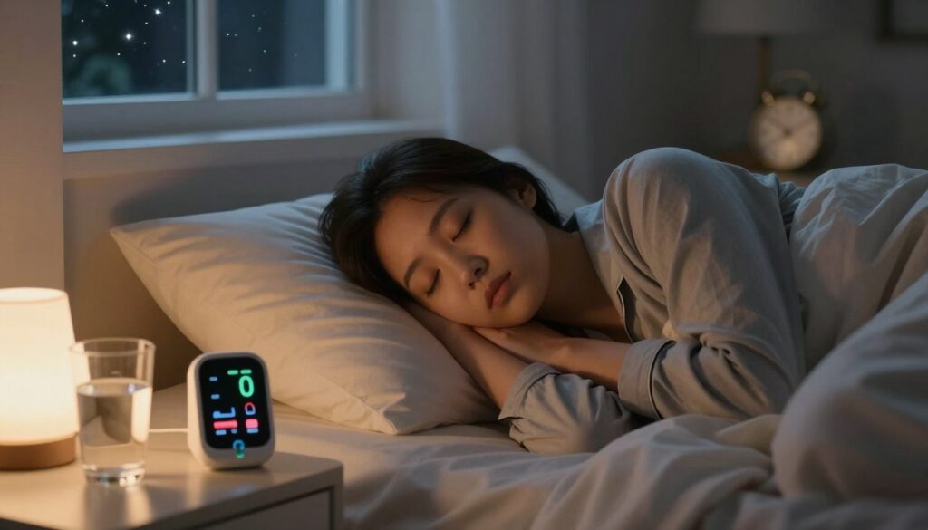 A serene bedroom scene depicting a person sleeping peacefully in a comfortable bed, surrounded by soft pillows and blankets. The focus is on a subtle digital monitor displaying oxygen saturation levels, showing a slight decline in a gentle red color. In the foreground, a nightstand holds a glass of water and a small lamp casting a warm, soft glow, illuminating the peaceful atmosphere. The middle of the image features the person's face, relaxed and calm, wearing modest pajamas, with a bedside clock softly ticking in the background. The backdrop includes a softly blurred window, highlighting a starry night sky outside. The mood is tranquil and introspective, emphasizing the importance of monitoring health during sleep. The lighting is warm and inviting, with a focus on creating a sense of safety and wellness.